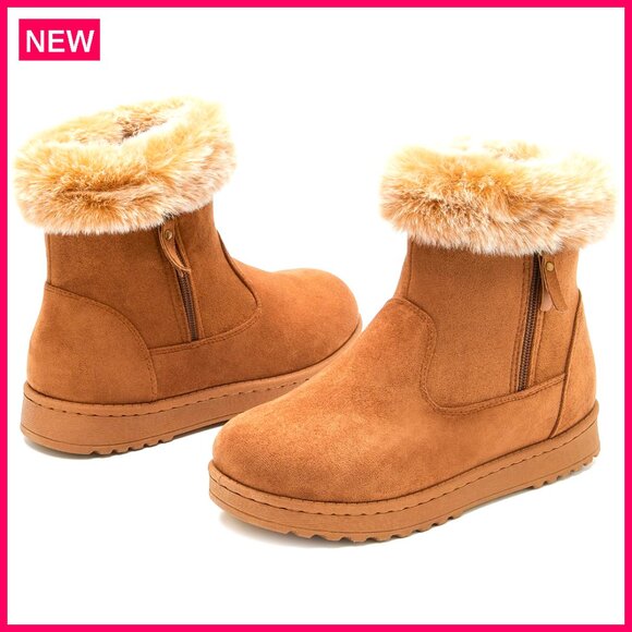Women's Winter Snow Booties Mid Calf Fur Lined Warm Ankle Boots Non-Slip